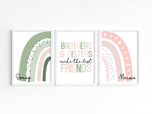 Set of Three Personalised Brother and Sisters Rainbow Wall Art