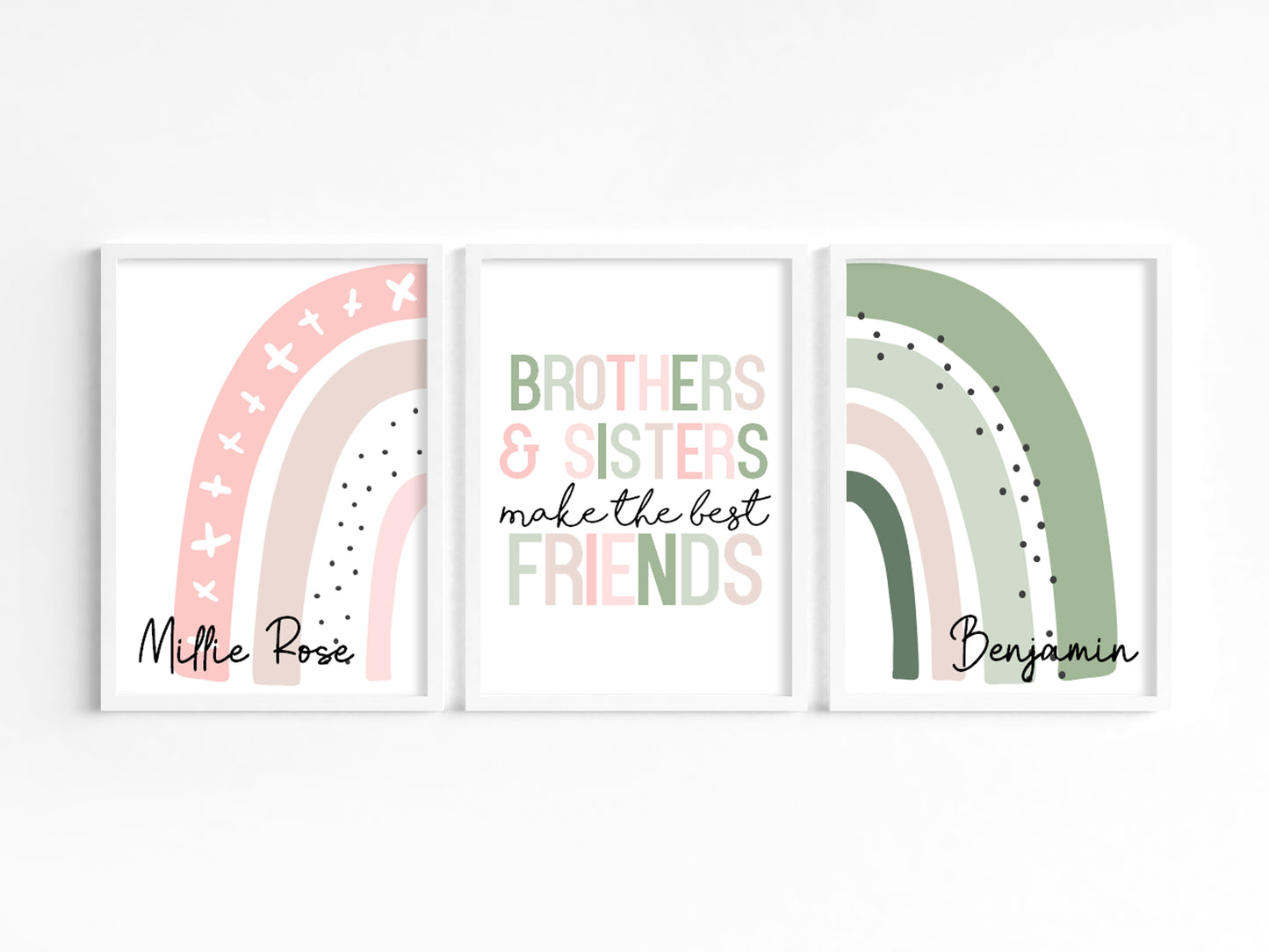 Set of Three Personalised Brother and Sisters Rainbow Wall Art