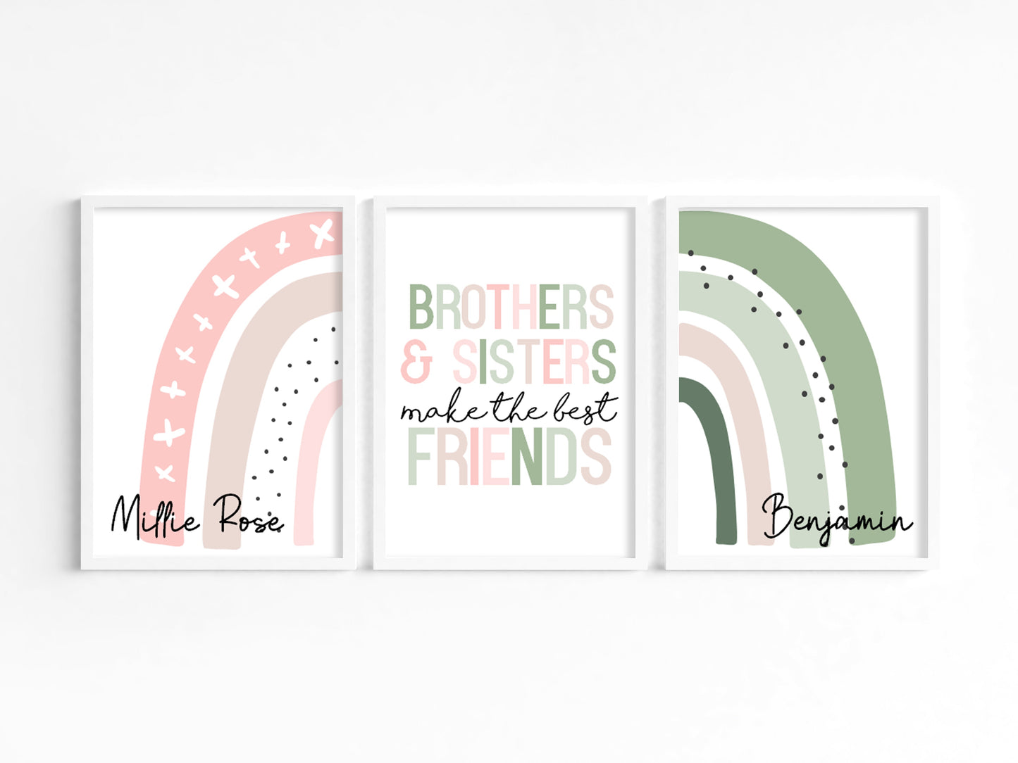 Set of Three Personalised Brother and Sisters Rainbow Wall Art