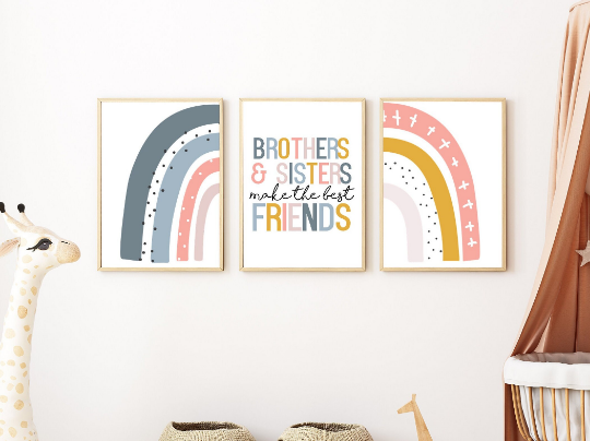 Set of Three Personalised Brother and Sisters Rainbow Wall Art