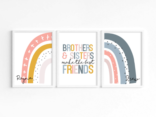 Set of Three Personalised Brother and Sisters Rainbow Wall Art