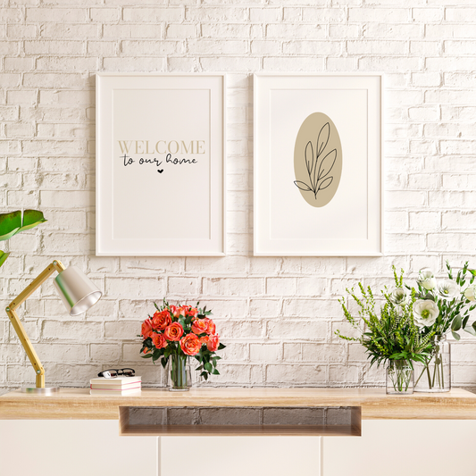 Welcome to our home print with Leaf Outline - Set of 2