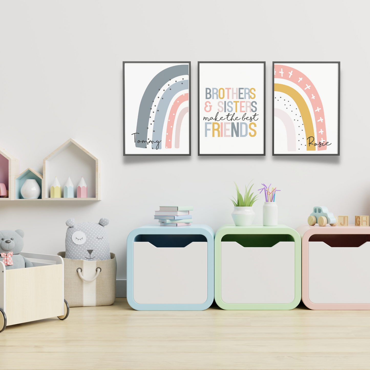 Set of Three Personalised Brother and Sisters Rainbow Wall Art